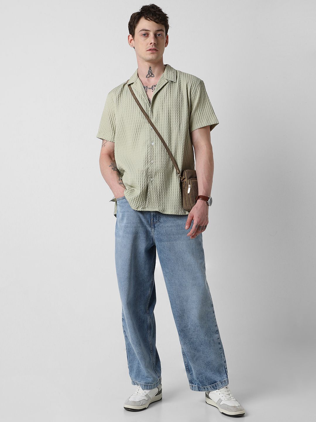 VASTRADO Men Classic Cuban Collar Popcorn Texture Oversized Casual Shirt