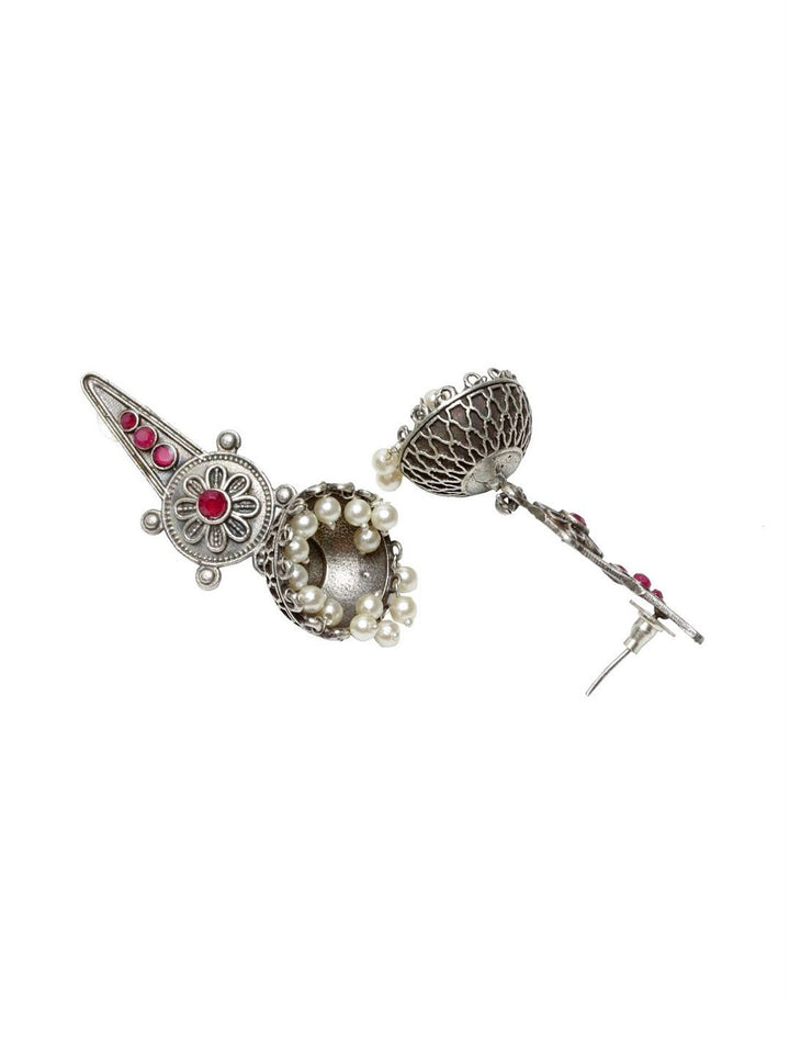 Anouk Silver-Plated Artificial Stones Studded & Beaded Dome Shaped Jhumkas