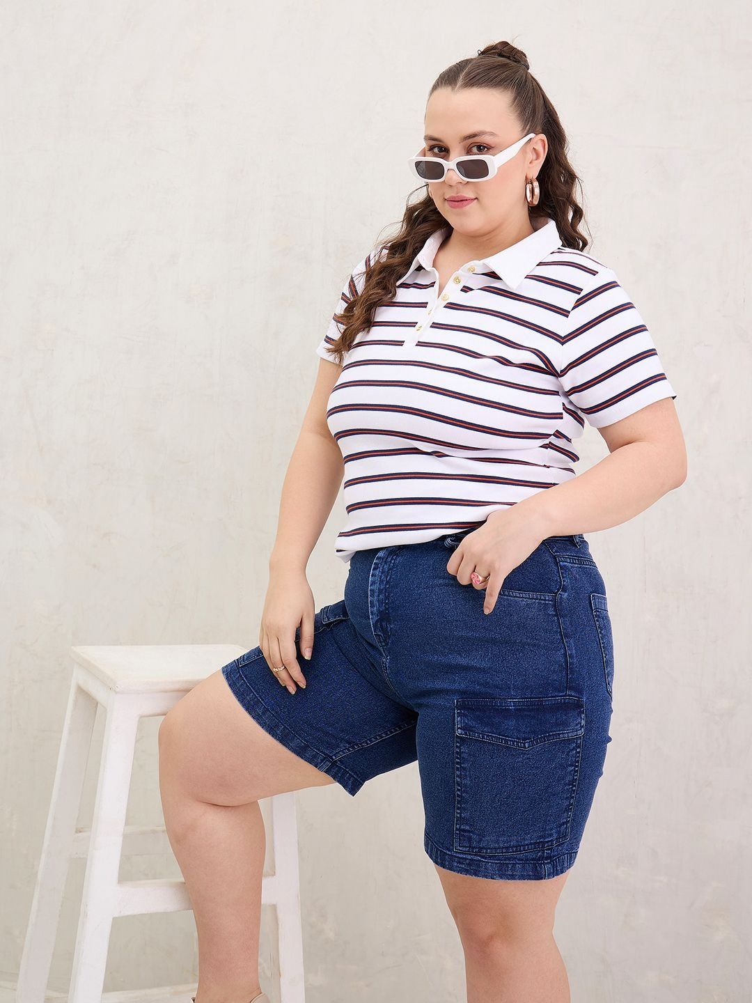 SASSAFRAS Curve Women Striped Polo Collar T-shirt