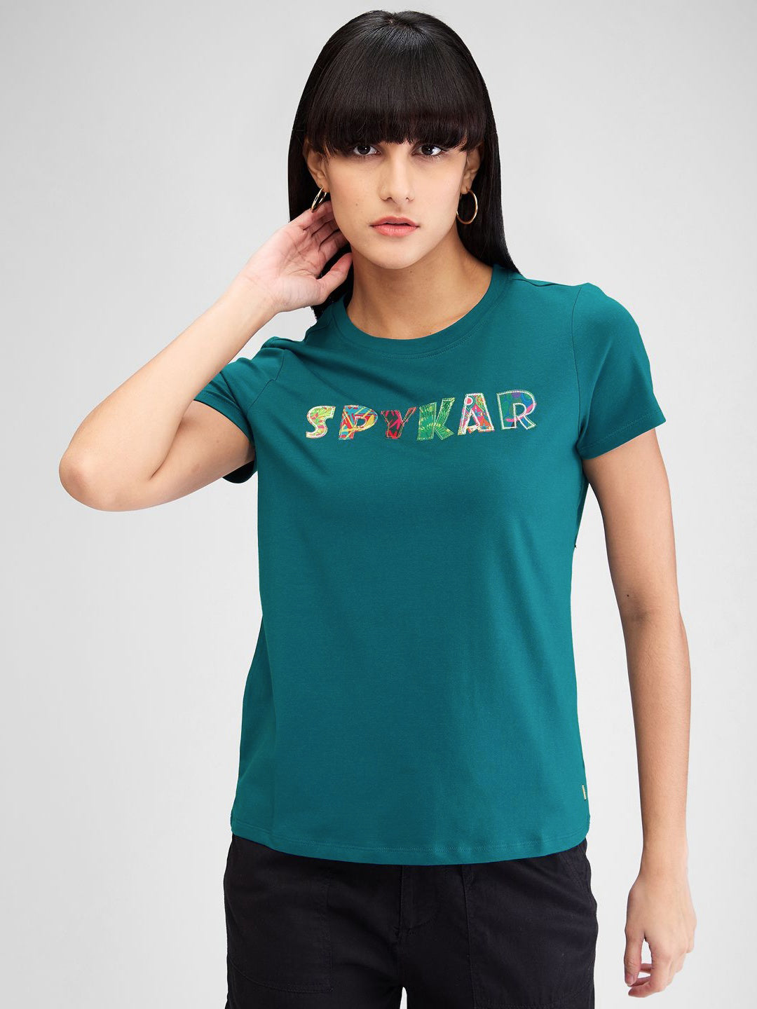 SPYKAR Women Typography Applique T-shirt