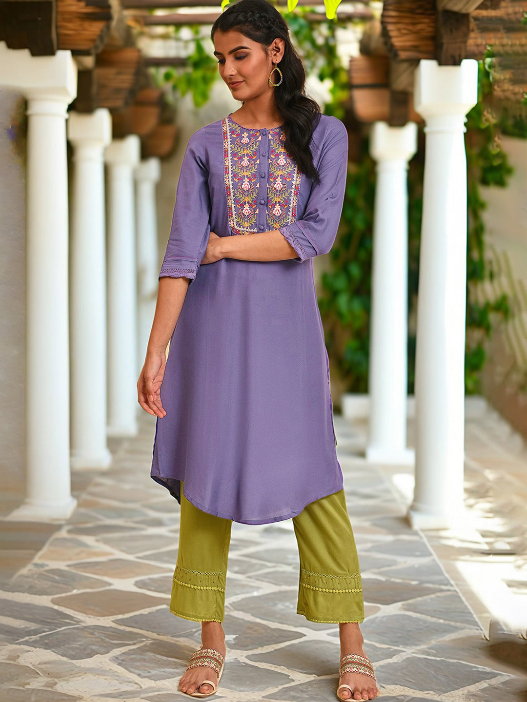 W Floral Beads Stones Embroidered Kurta