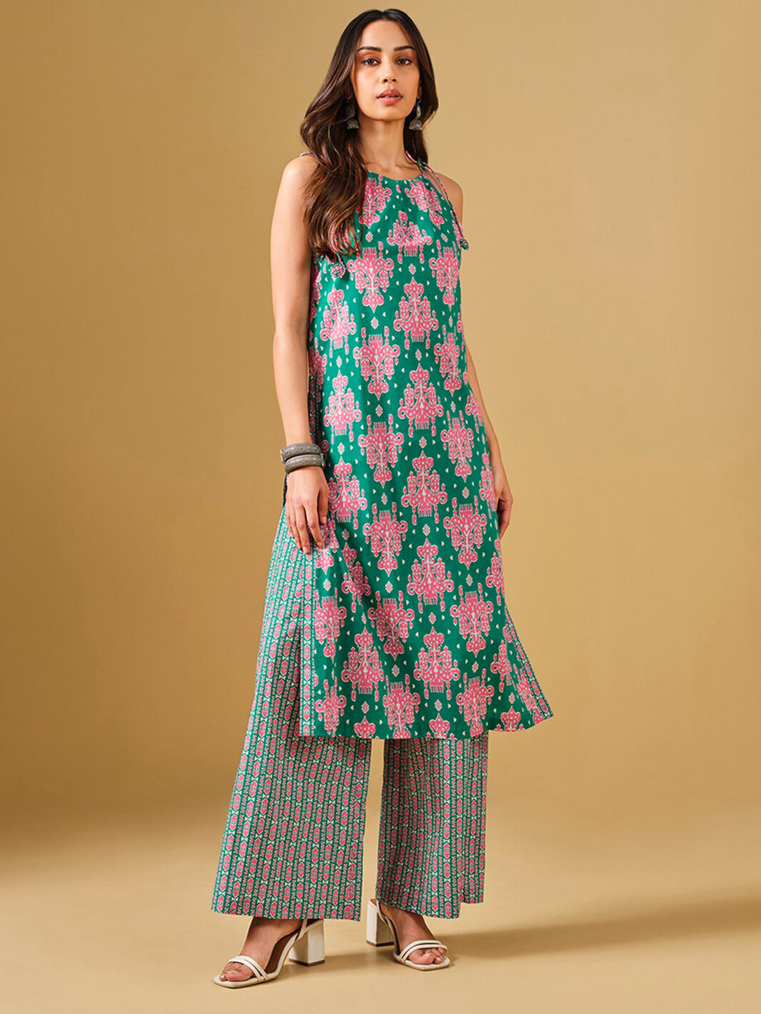 Global Desi Ethnic Motifs Printed Pure Cotton Straight Kurta with Palazzos