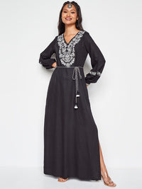 Global Desi Ethnic Motif Embroidered V-Neck A-Line Maxi Ethnic Dress