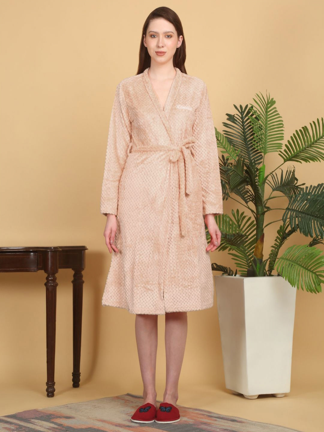 KLOTTHE Peach-Coloured Self Design Woollen Bath Robe With Belt