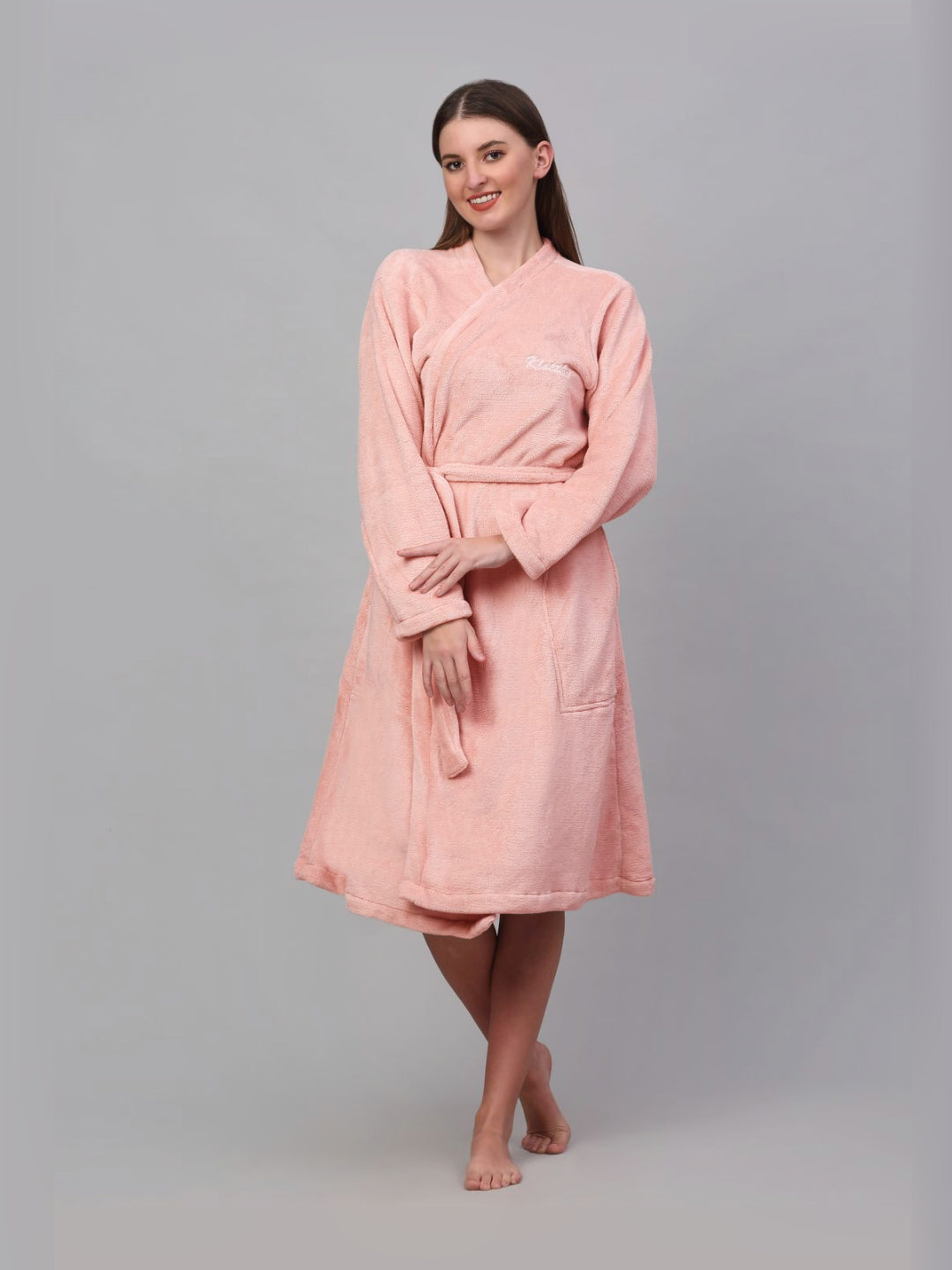 KLOTTHE Pink Woollen Long Sleeves Bath Robe With Belt