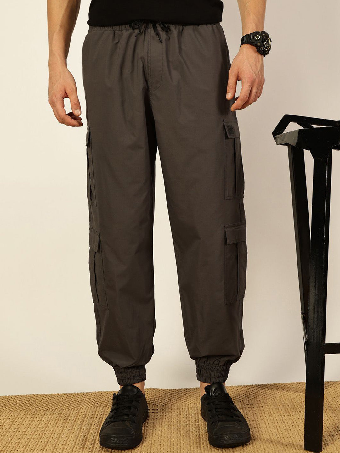 Thomas Scott Men Casual Loose Fit Mid-Rise Cotton Wrinkle Free Solid Joggers Trousers