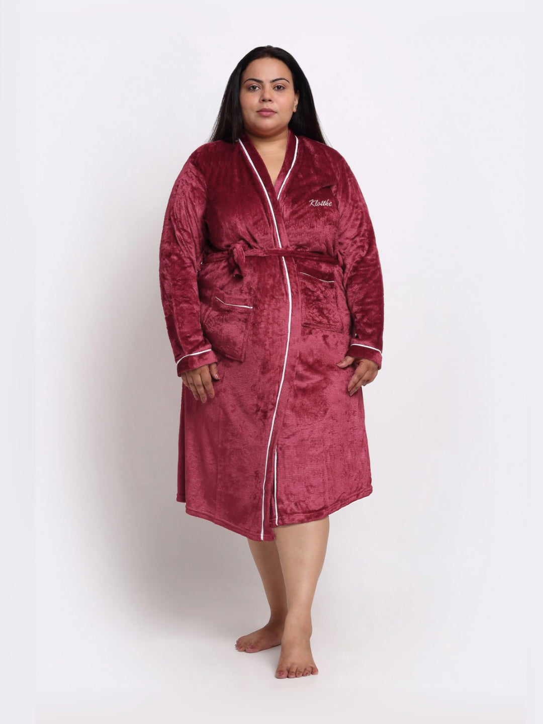 KLOTTHE Plus Size Red Woollen Long Sleeves Bath Robe With Belt