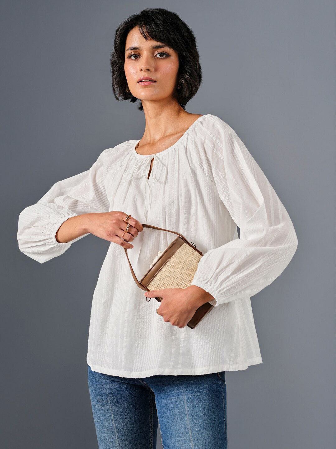 AND Tie-Up Neck Puff Sleeve Pure Cotton  A-Line Top