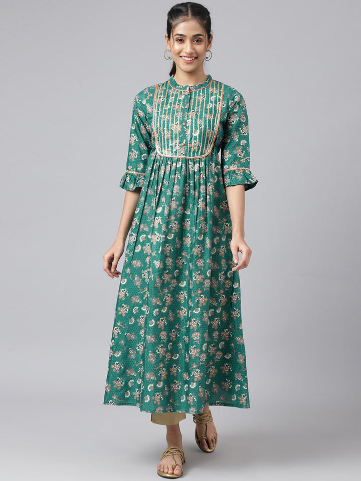 AURELIA Women Green Ethnic Motifs Printed Keyhole Neck Kurta