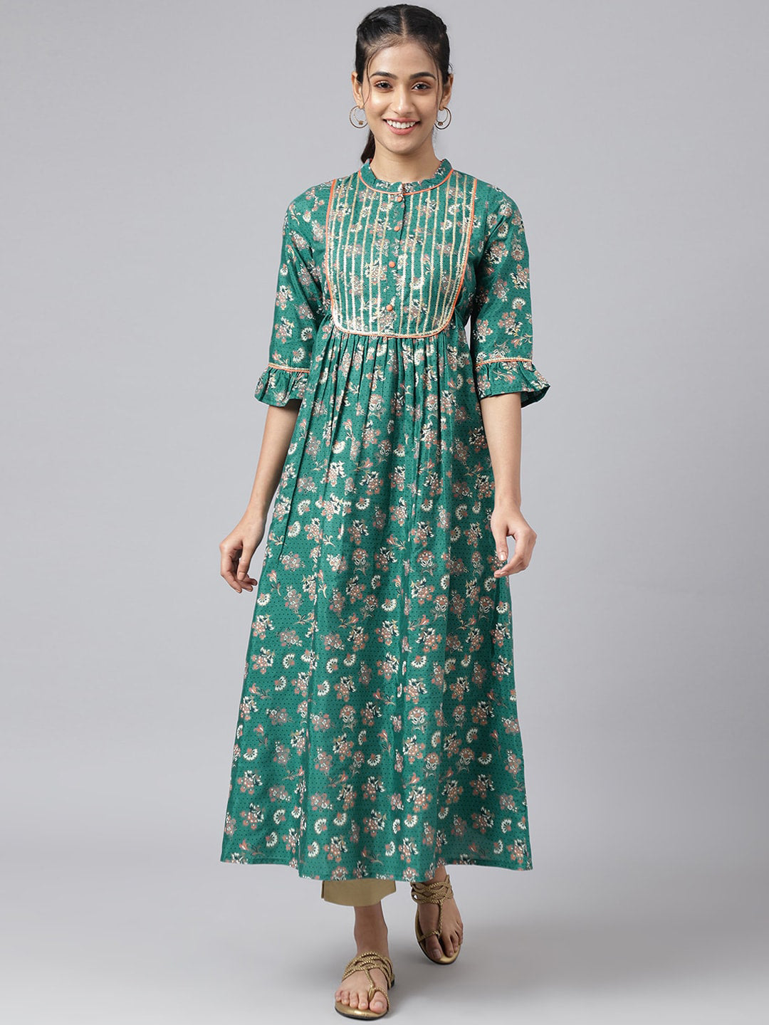 AURELIA Women Green Ethnic Motifs Printed Keyhole Neck Kurta