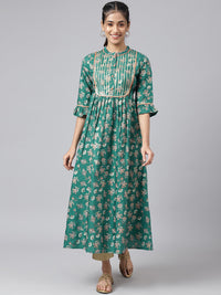 AURELIA Women Green Ethnic Motifs Printed Keyhole Neck Kurta
