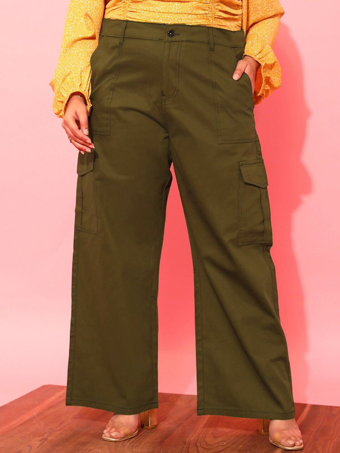 CURVY STREET Women Plus Size Olive Green Relaxed Straight Leg Pure Cotton Trousers