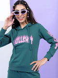 Tokyo Talkies Women Teal Printed Hooded Sweatshirt