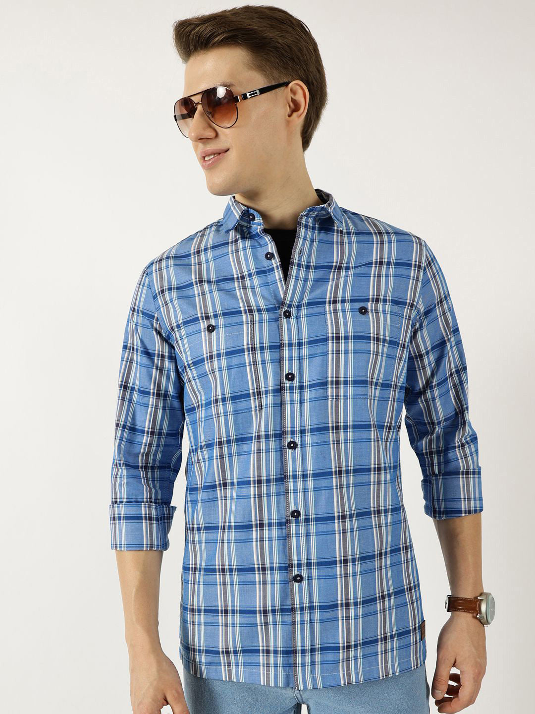 Thomas Scott Men Classic Spread Collar Tartan Checked Cotton Slim Fit Casual Shirt