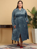 KLOTTHE Plus Size Turquoise Blue WoolLen Bath Robe With Belt