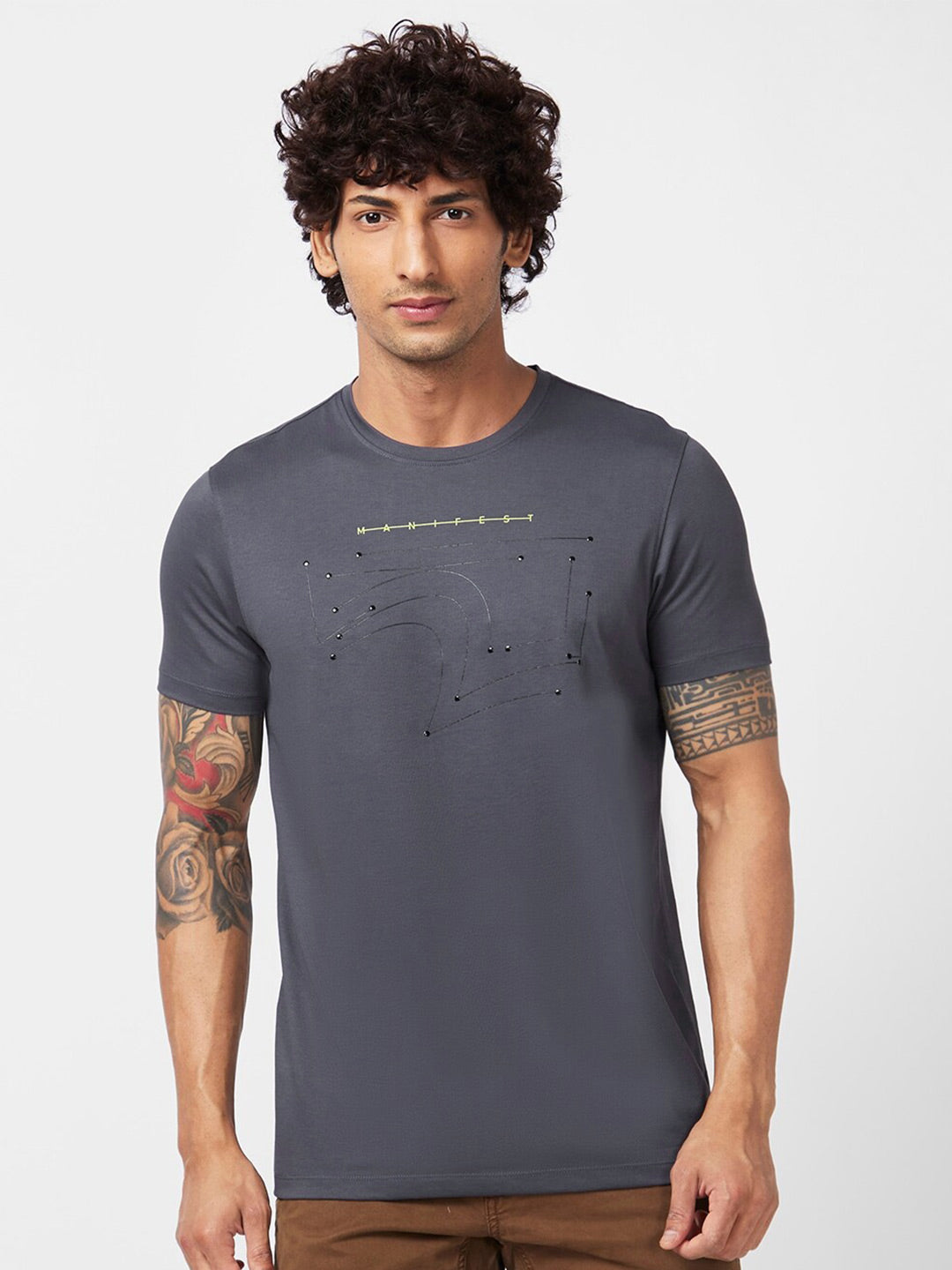 SPYKAR Round Neck Cotton Embellished Slim Fit T-shirt
