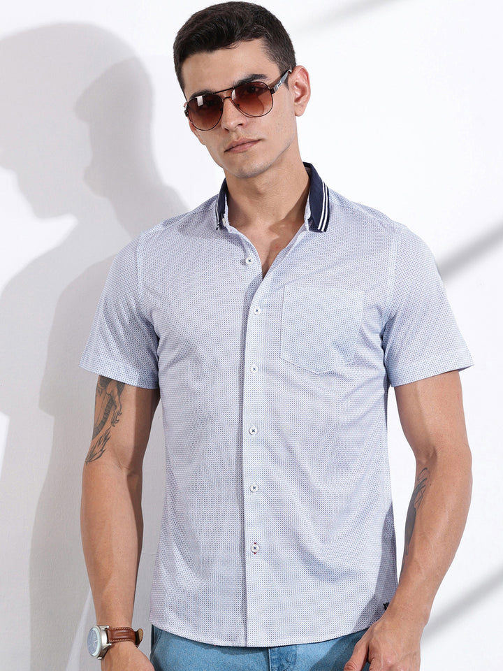 Thomas Scott Men Classic Slim Fit Spread Collar Micro Ditsy Printed Cotton Knitted Shirt