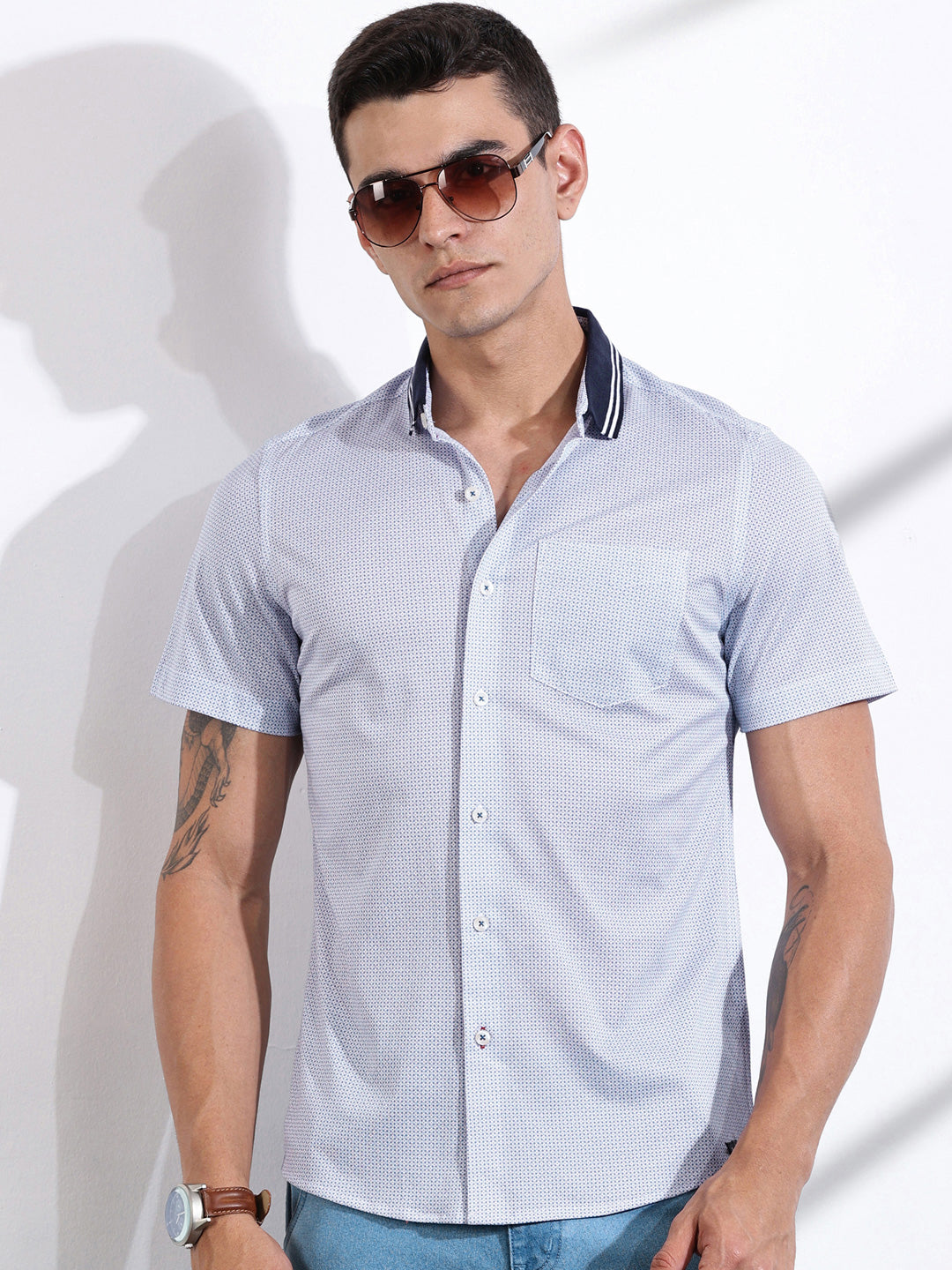 Thomas Scott Men Classic Slim Fit Spread Collar Micro Ditsy Printed Cotton Knitted Shirt