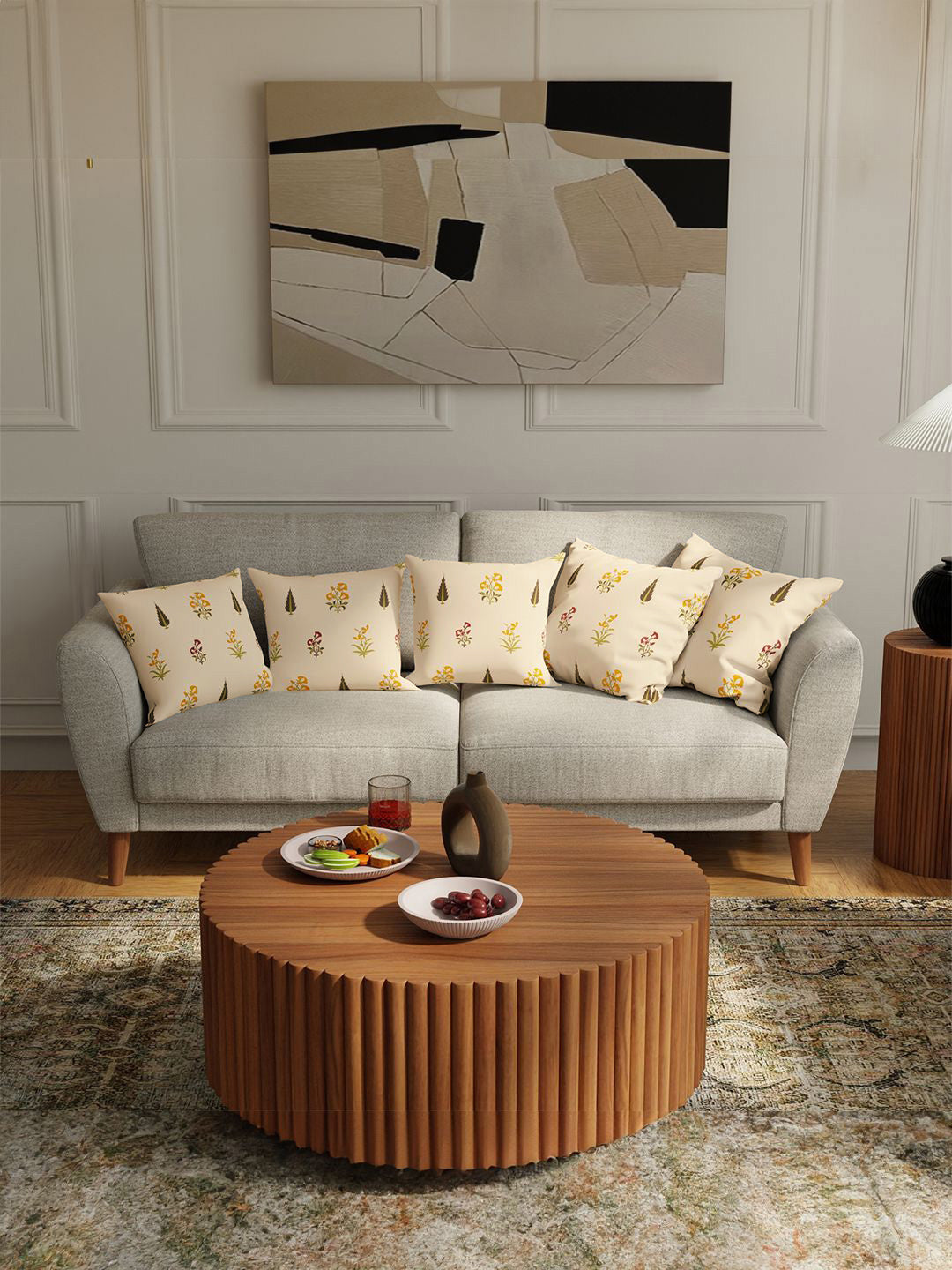 URBAN SPACE White & Yellow 5 Pieces Floral Printed Cotton Square Cushion Covers