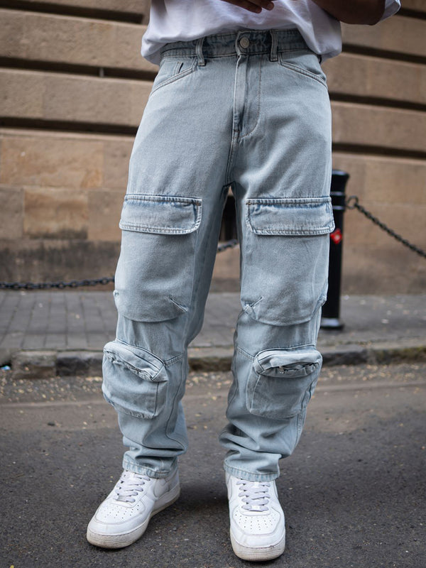 Powerlook Men Cotton Mid-Rise Seluar Jeans Relaxed Fit Light Fade Dengan Poket