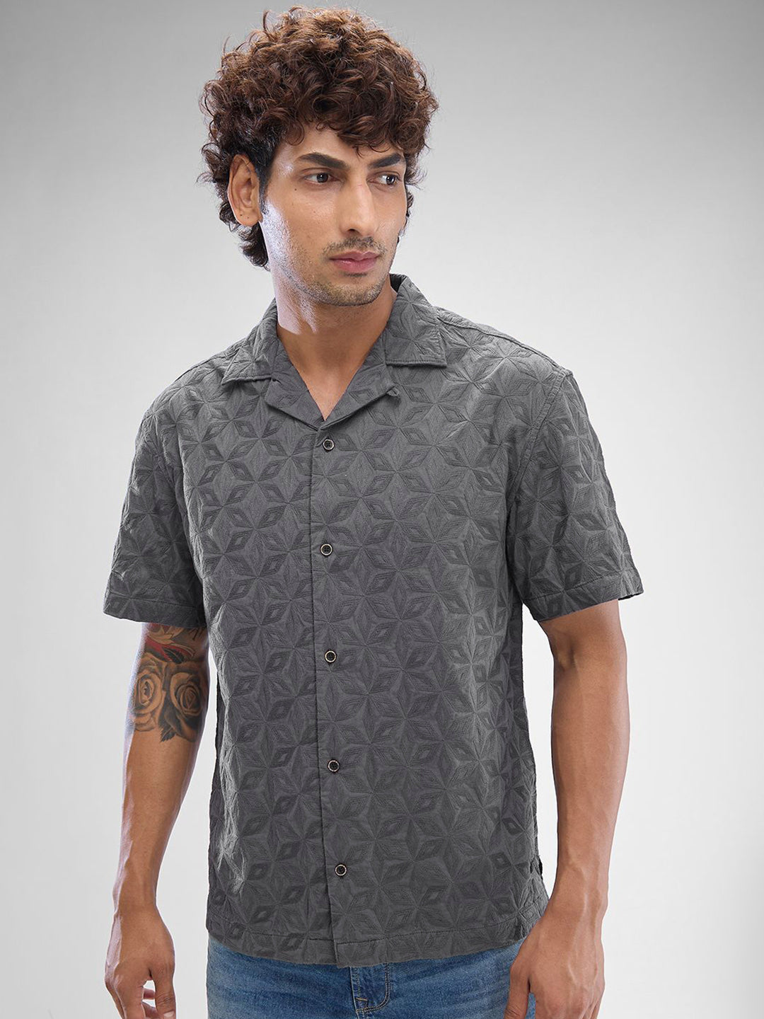 SPYKAR Men Cuban Collar Self Design Pure Cotton Casual Shirt