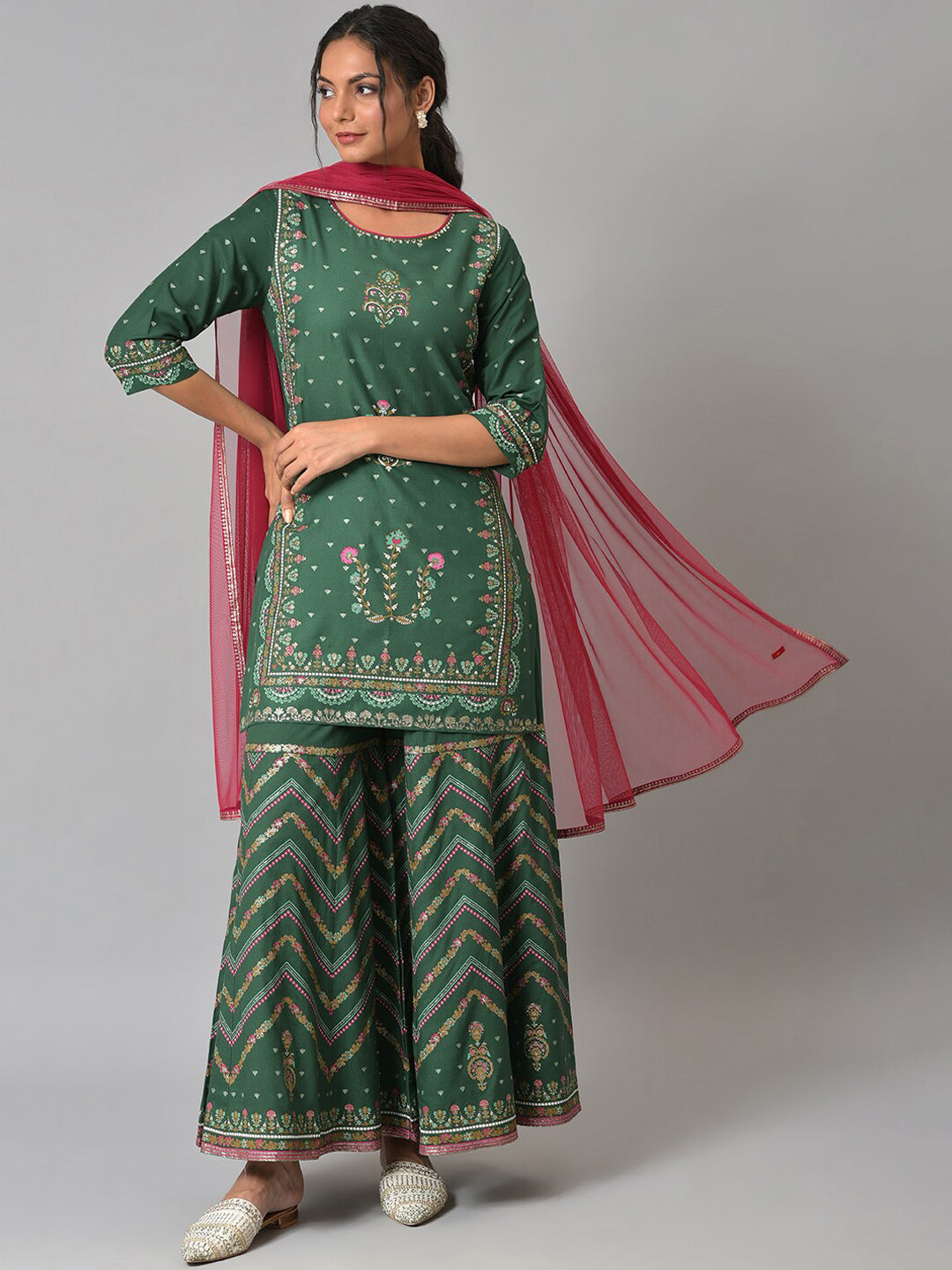 W Women Floral Printed Kurta with Sharara & With Dupatta