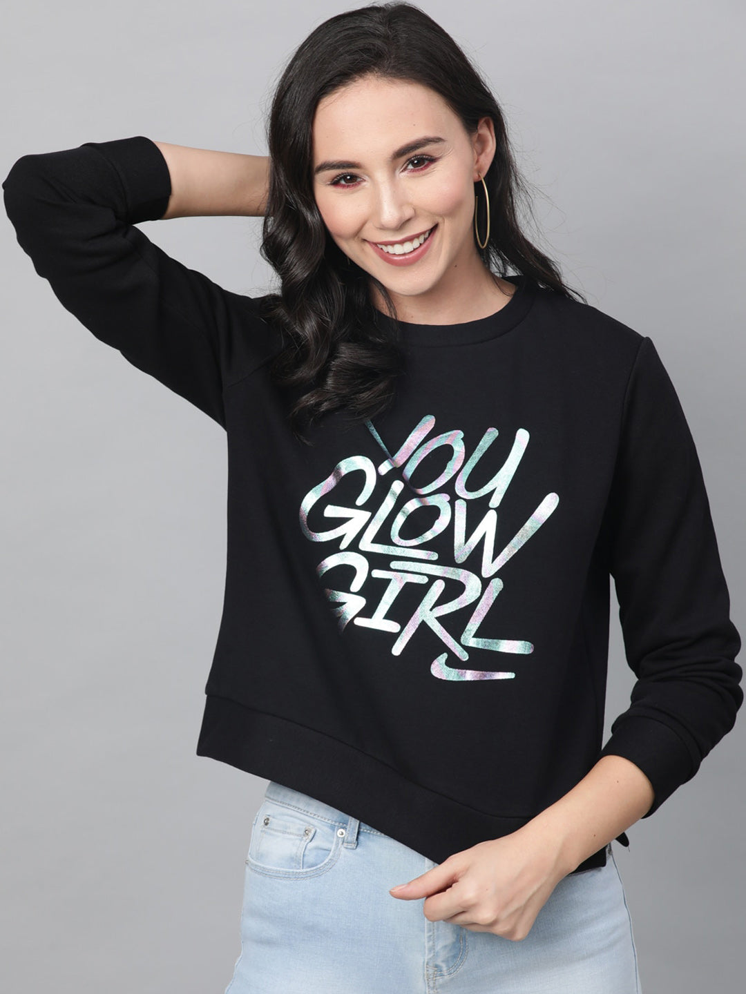 STREET 9 Women Black &amp; White Printed Sweatshirt