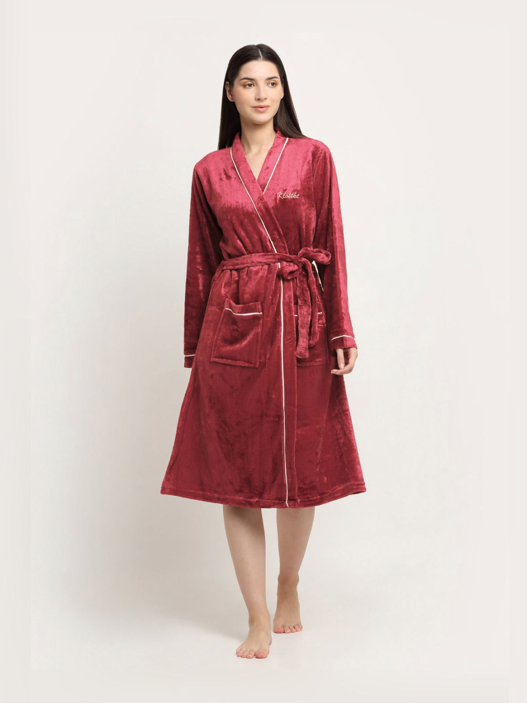 KLOTTHE Red Woolen Long Sleeves Bath Robe With Belt