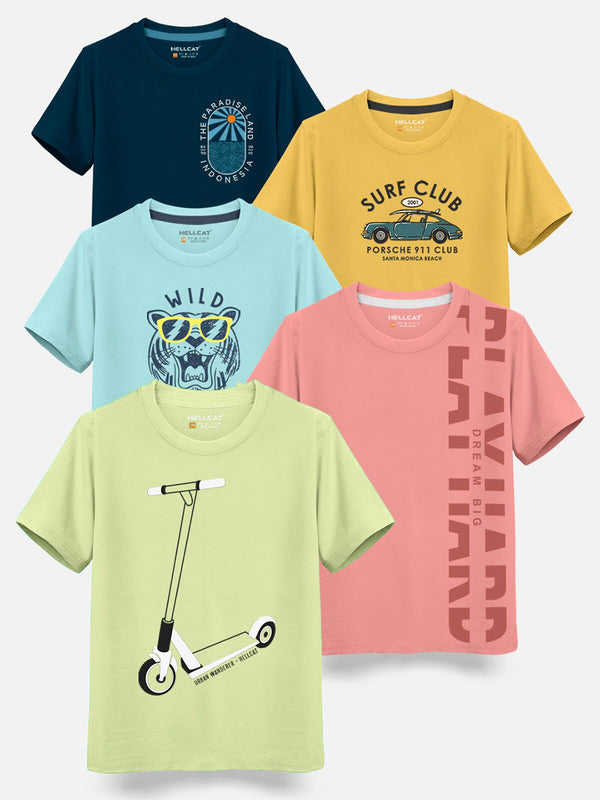 HELLCAT Boys Pack Of 5 Typography Printed Cotton T-shirt
