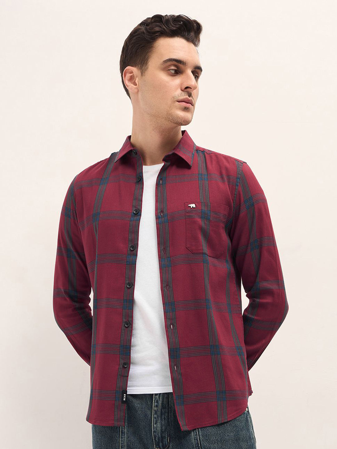 THE BEAR HOUSE Men Slim Fit Spread Collar Windowpane Checked Cotton Casual Shirt