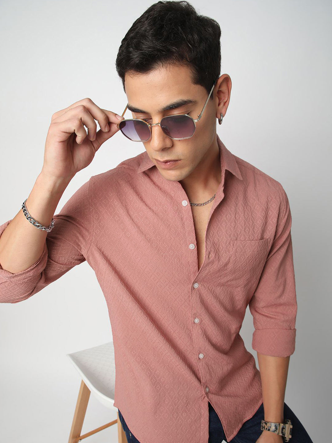 VASTRADO Men Classic Spread Collar Textured Slim Fit Casual Shirt