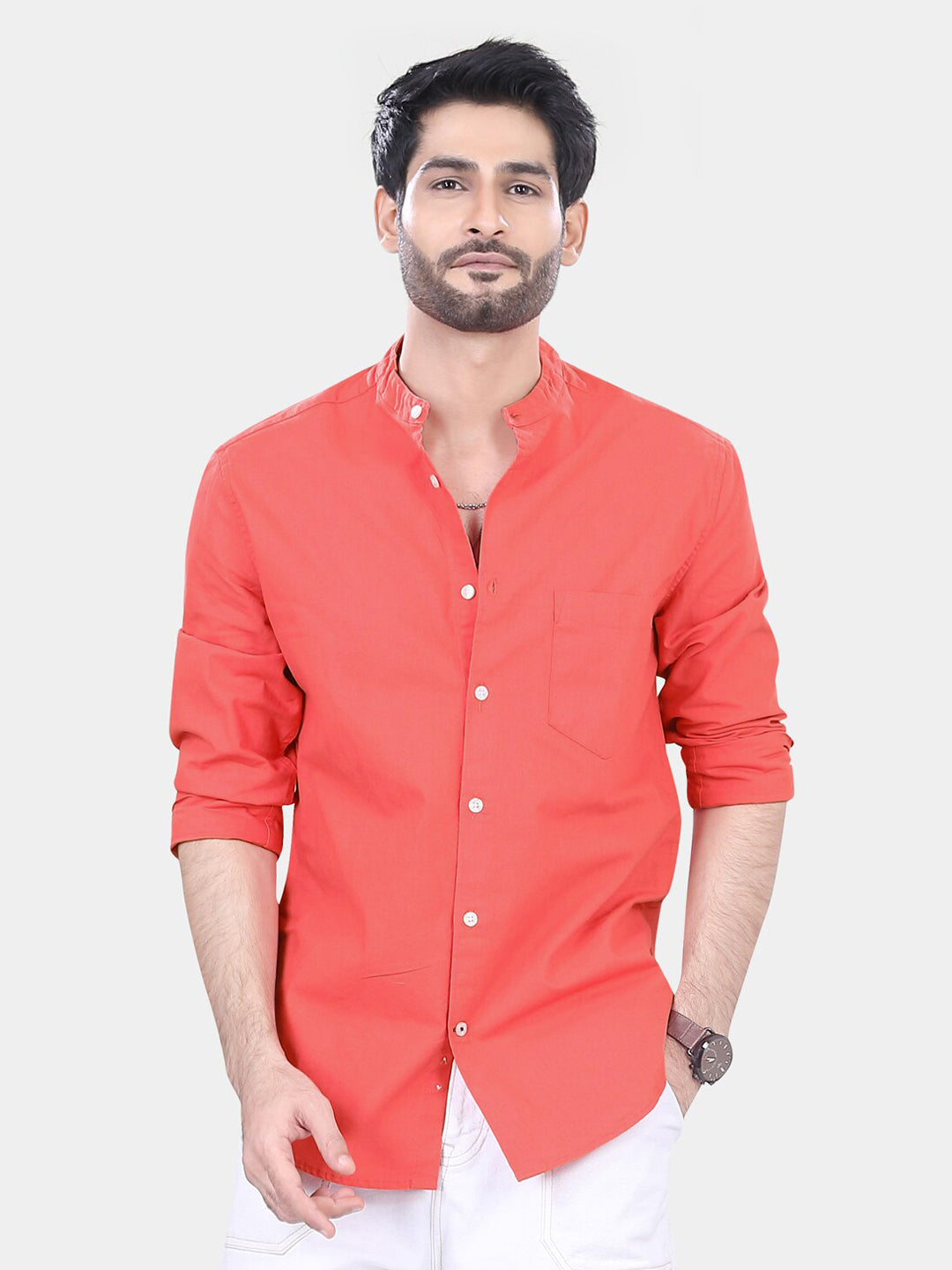 VASTRADO Classic Band Collar Slim Fit Pure Cotton Casual Shirt