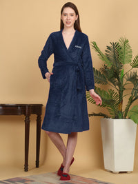 KLOTTHE Navy Blue Self Design Woollen Bath Robe With Belt