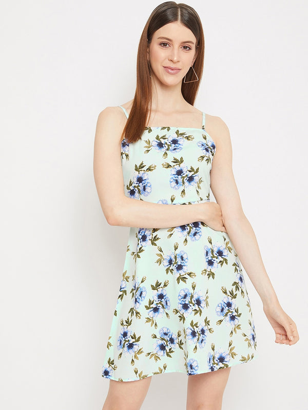 Berrylush Women Mint Green & Blue Floral Crepe Dress