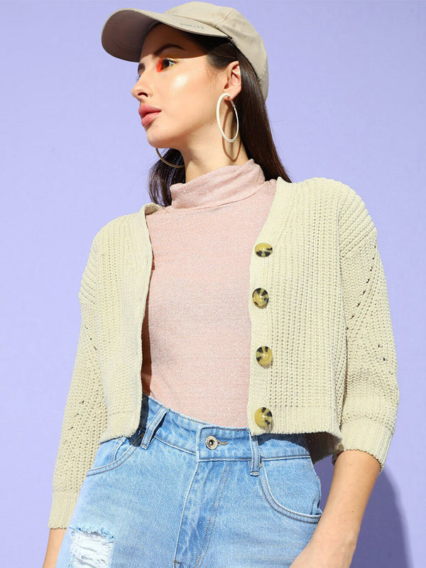STREET 9 Women Beige Ribbed Crop Cardigan
