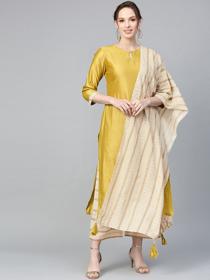 Indo Era Muted Dandelion Ethnic Stripes Keyhole Kurta Set with Stole