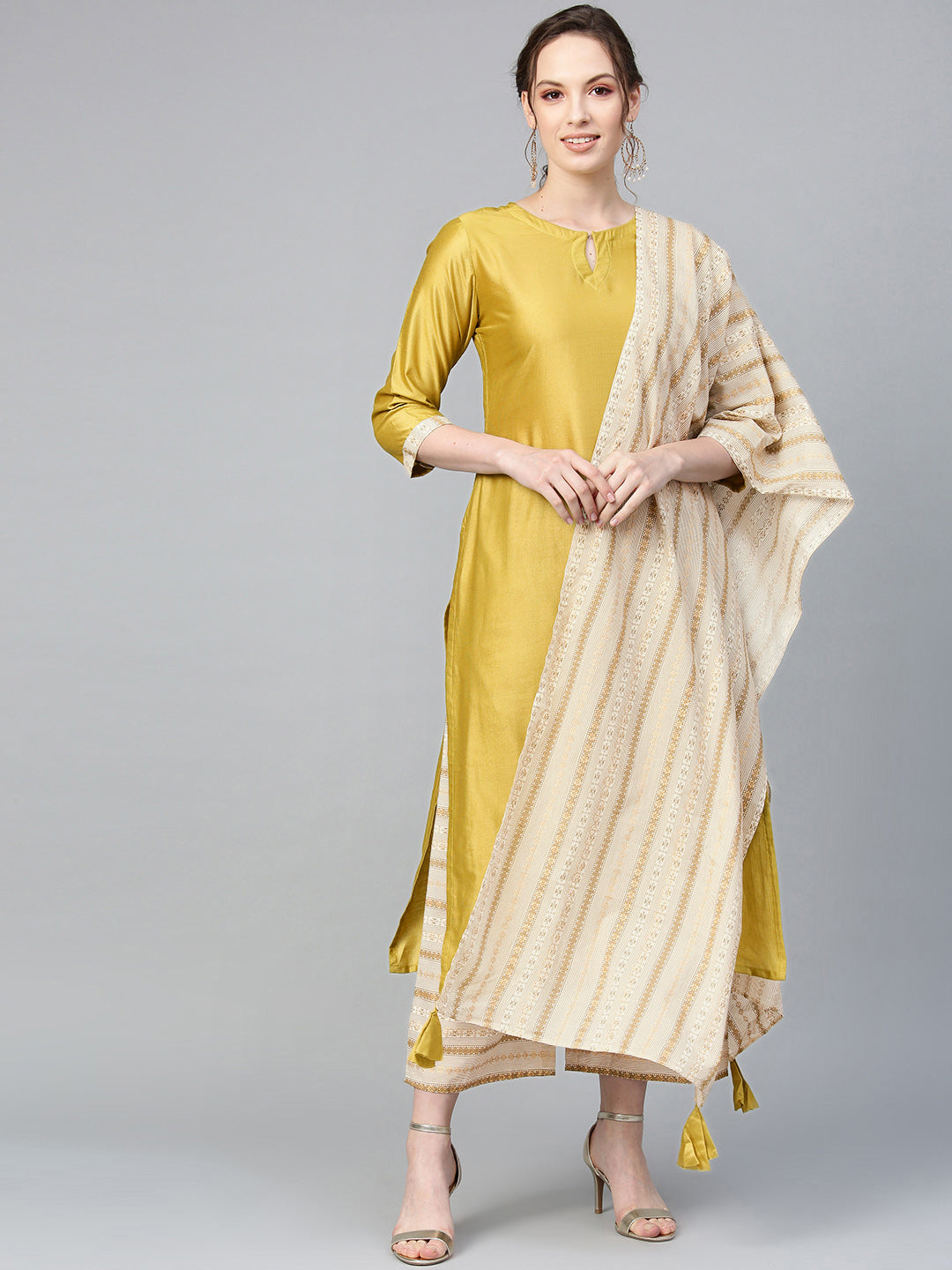 Indo Era Muted Dandelion Ethnic Stripes Keyhole Kurta Set with Stole