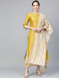 Indo Era Muted Dandelion Ethnic Stripes Keyhole Kurta Set with Stole