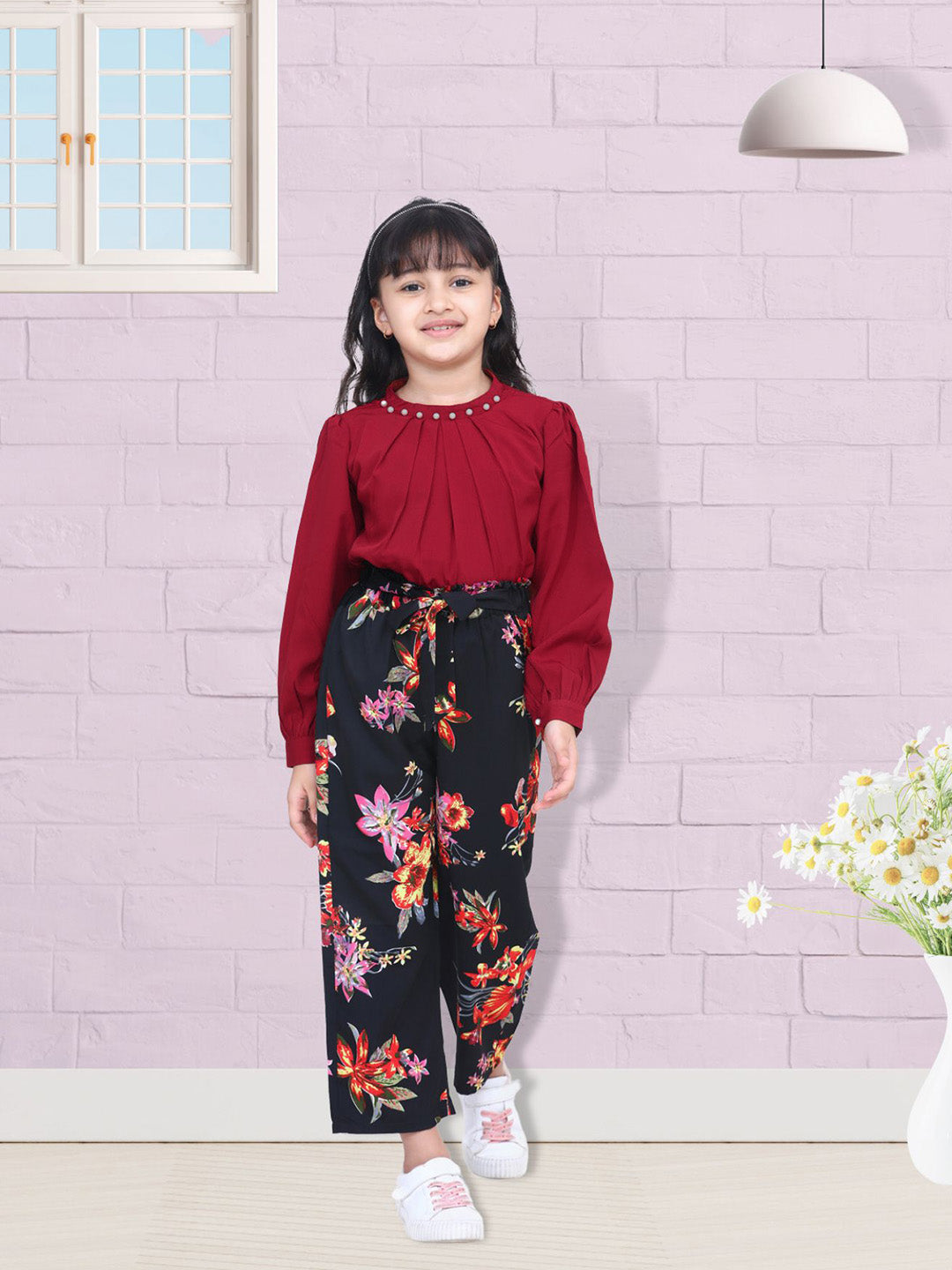 Cutiekins Floral Printed Bishop Sleeves Top with Palazzos Clothing Set