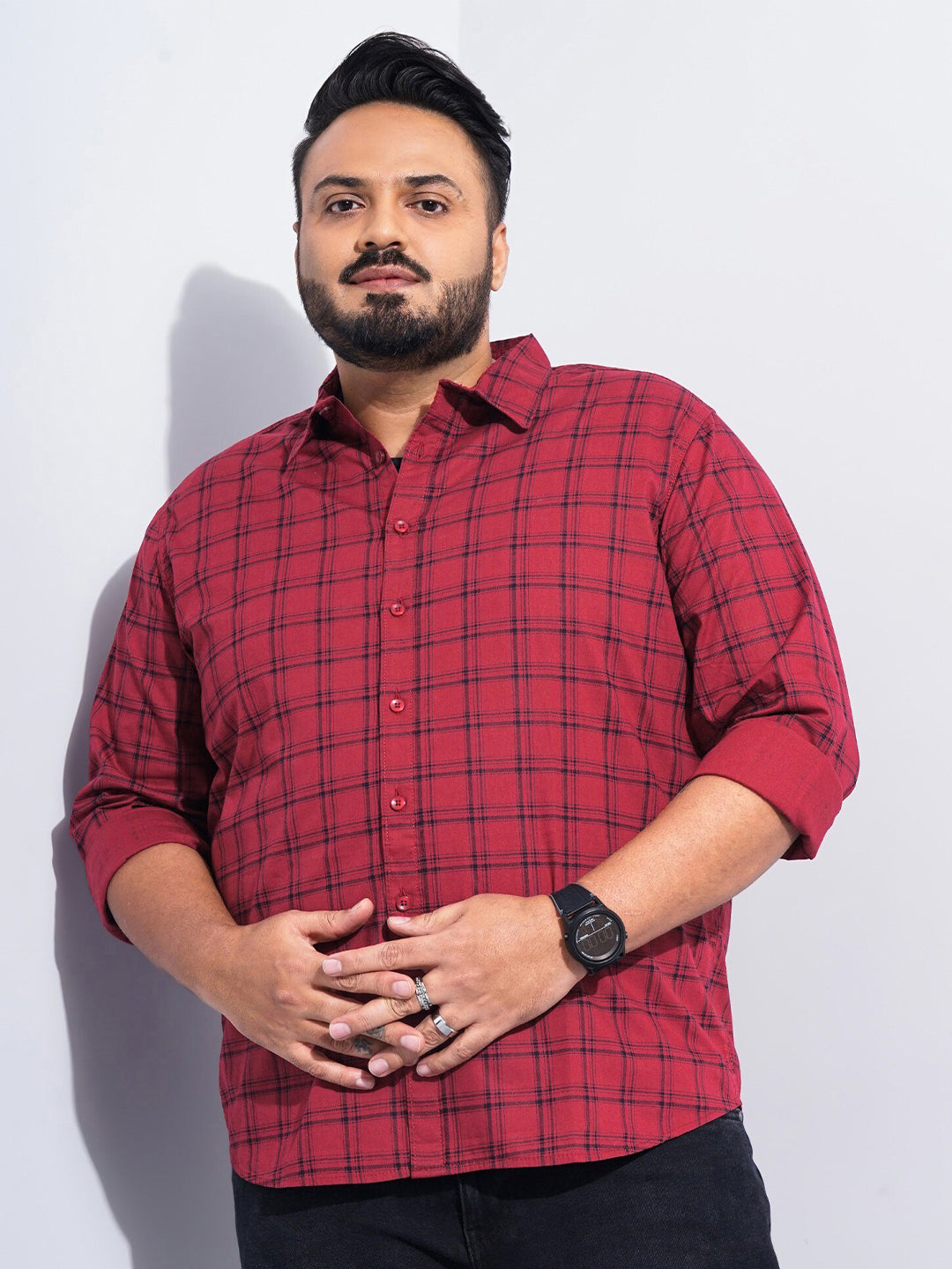 The Indian Garage Co Plus Size Windowpane Checked Cotton Casual Shirt