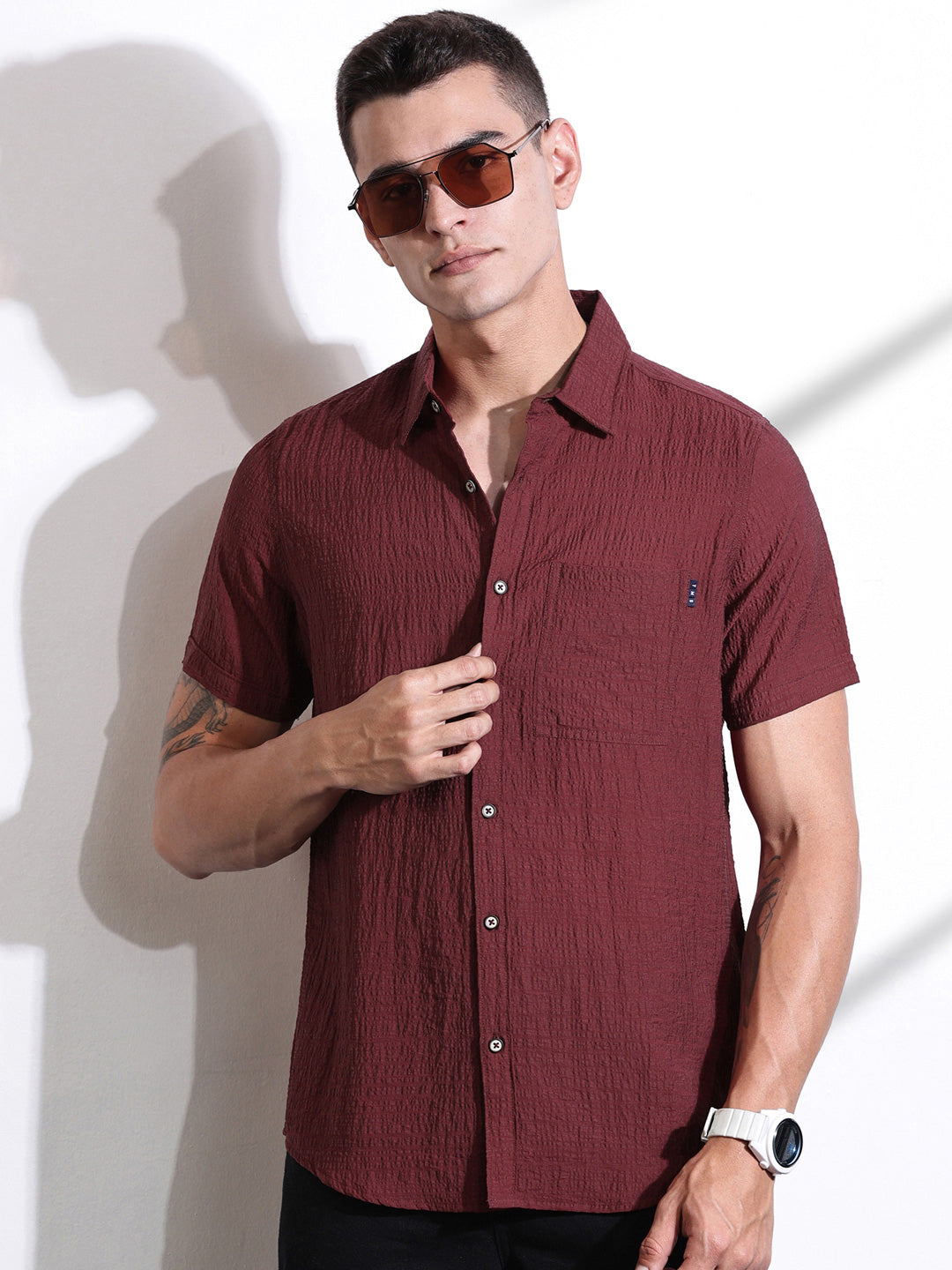 Thomas Scott Men Smart Slim Fit Spread Collar Textured Casual Shirt