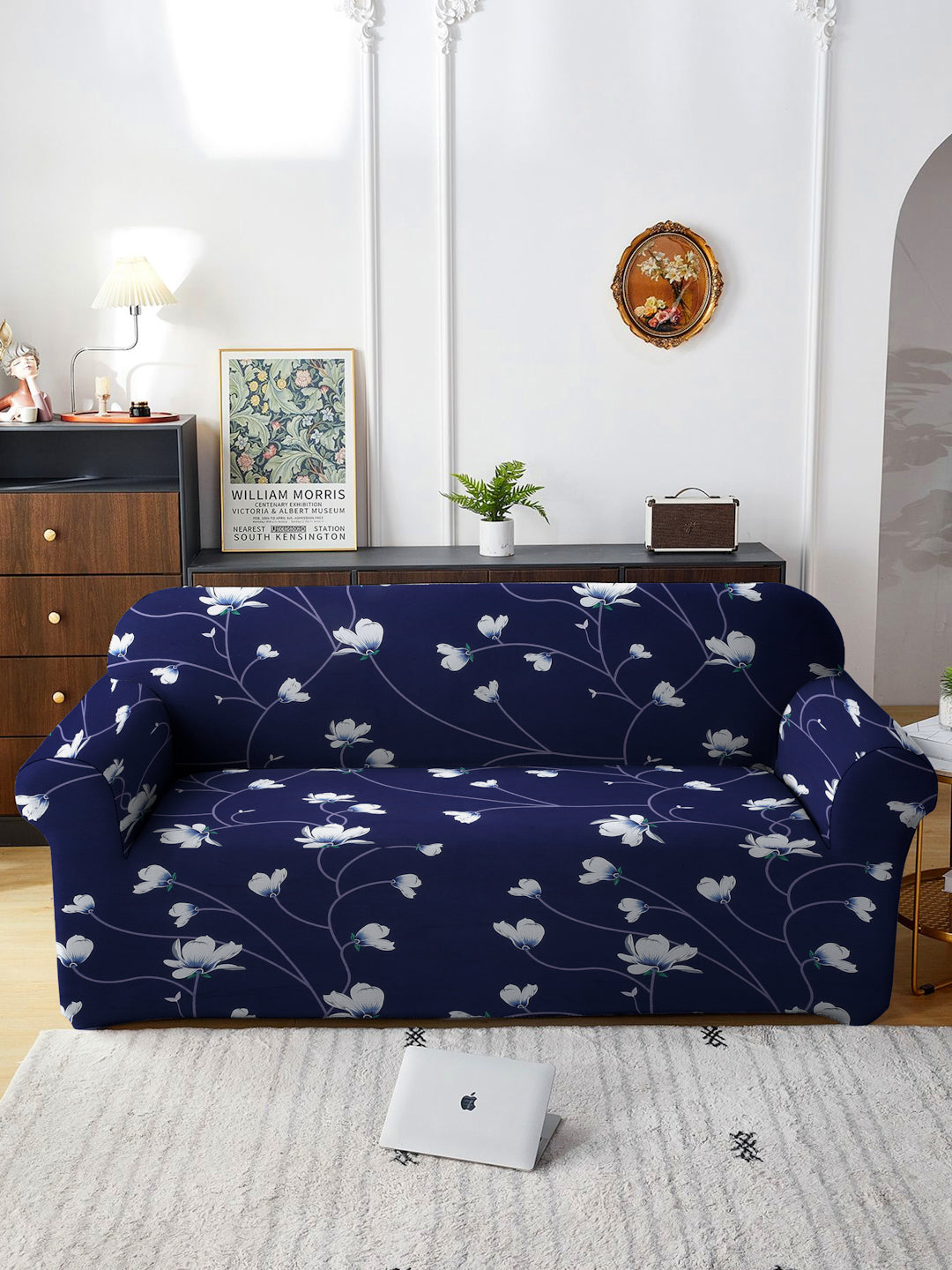 Sarung Sofa 3 Tempat Duduk Bercetak Cortina Biru & Putih