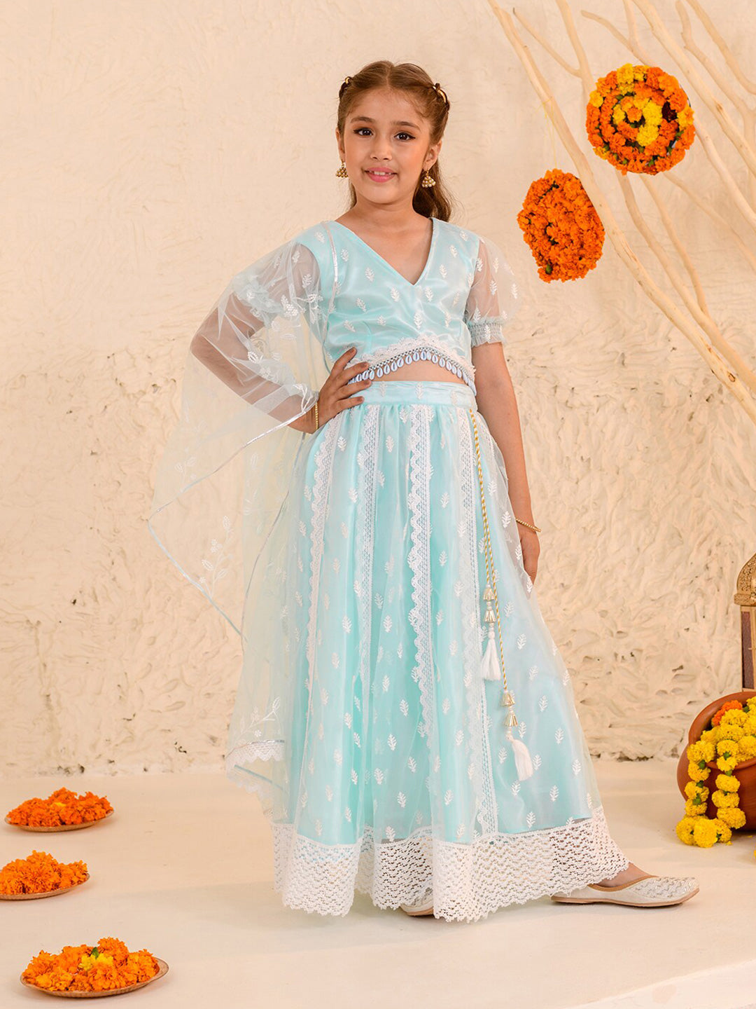 pspeaches Girls Embroidered Thread Work Ready to Wear Lehenga & Blouse With Dupatta