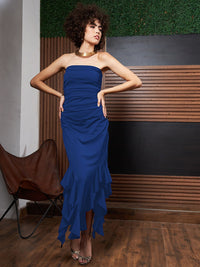 Athena Blue Ruffled Strapless Asymmetric Hem Maxi Dress