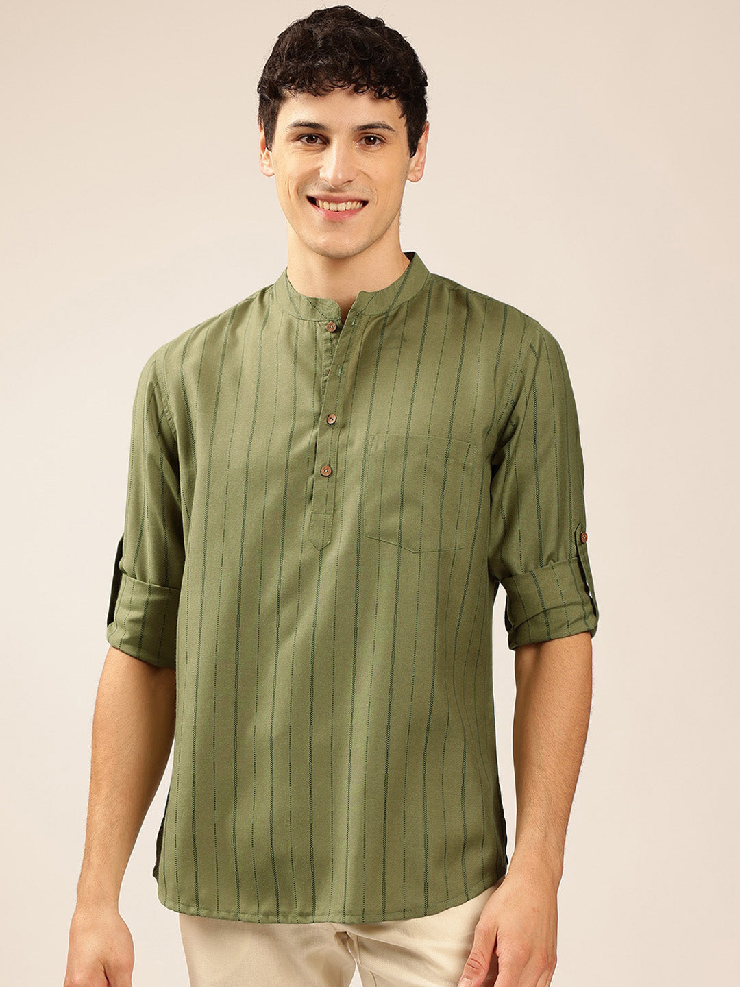 Anouk Striped Mandarin Collar Roll-Up Sleeves Short Kurta