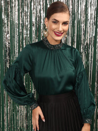 STREET 9 Puff Sleeves High Neck Embellished Satin Top