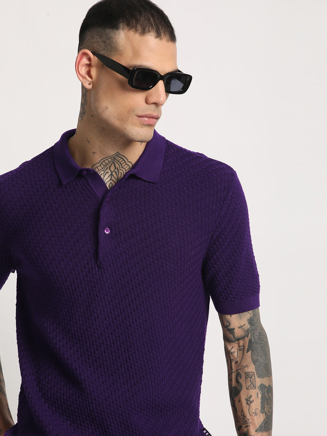 THE BEAR HOUSE Men Self Design Slim Fit Cotton Polo Collar T-Shirt