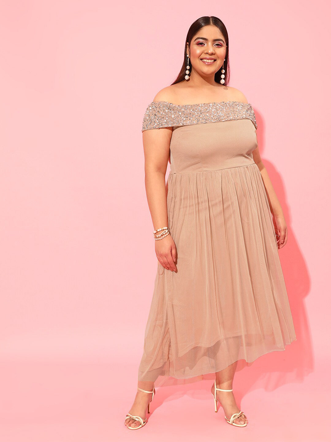 CURVY STREET Peach Plus Size Embellished Net Dress