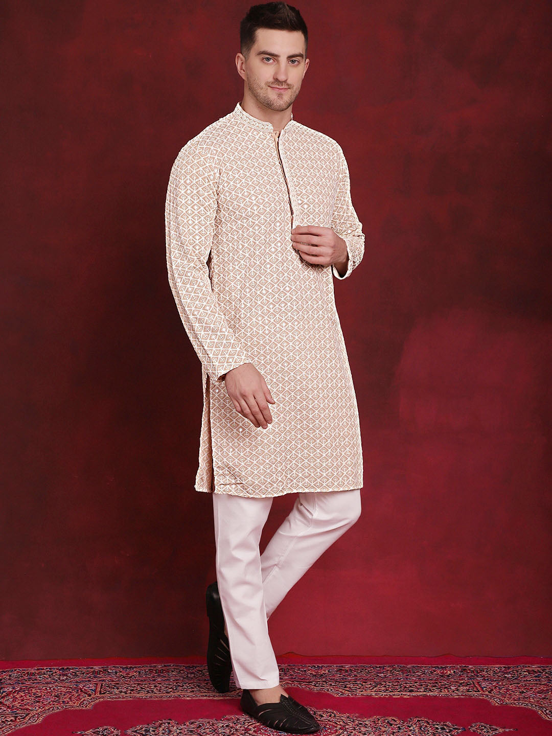 Jompers Geometric Self Design Thread Work Pure Cotton Kurta With Pyjamas