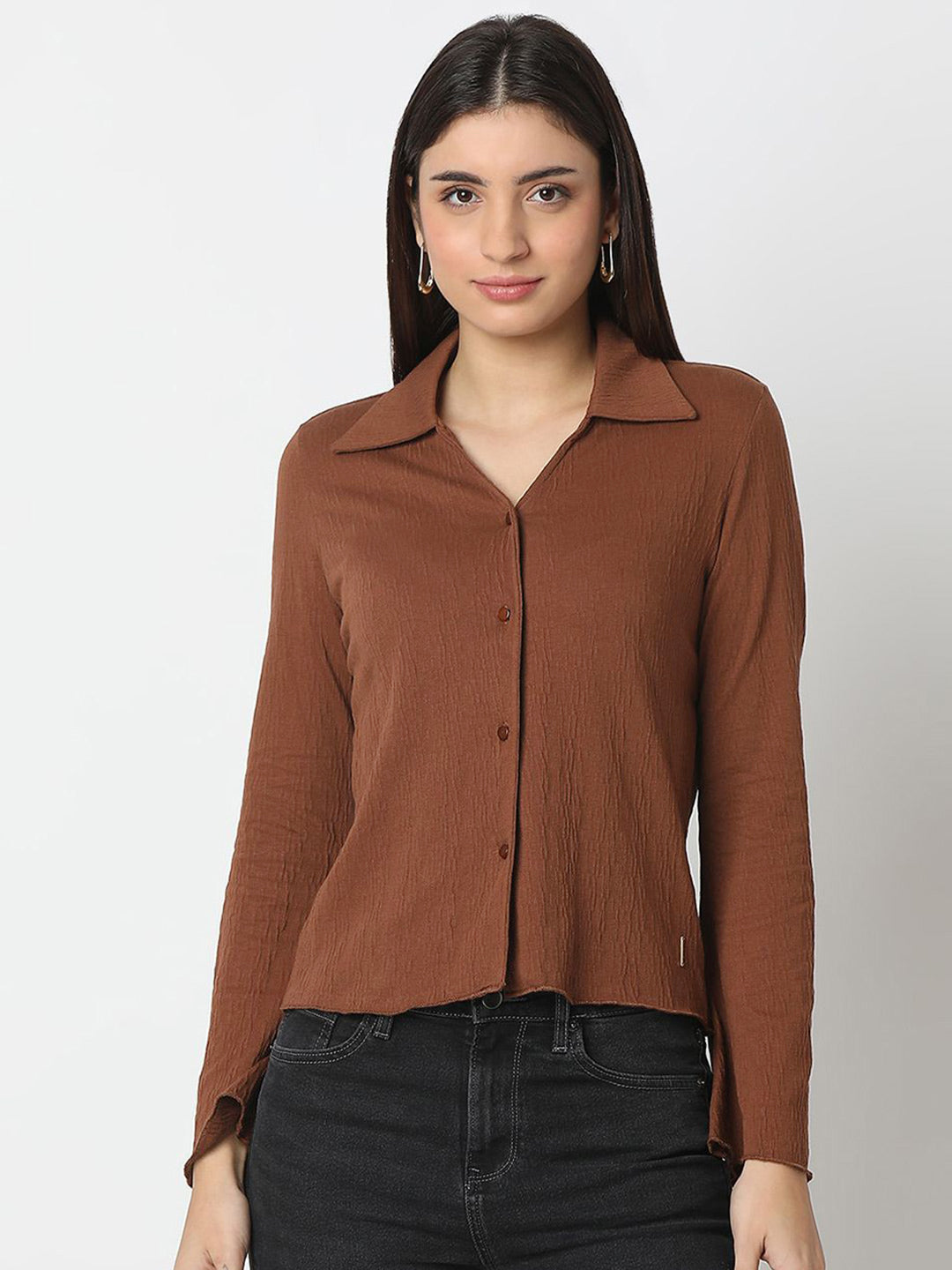 SPYKAR Women Slim Fit Spread Collar Textured Casual Shirt